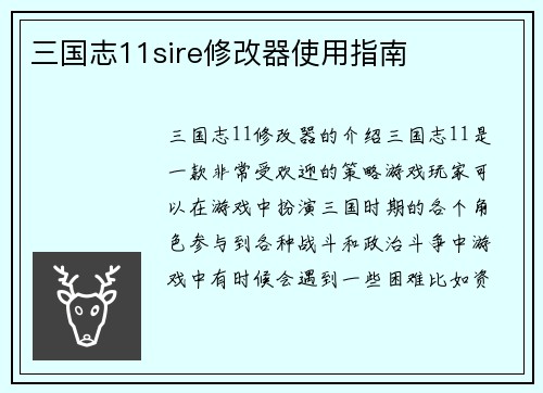 三国志11sire修改器使用指南