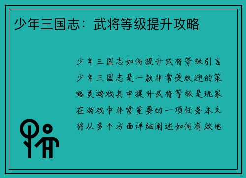 少年三国志：武将等级提升攻略